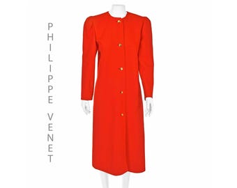 PHILIPPE VENET Vintage French Couture Red Wool Coat or Coat Dress, Size SM