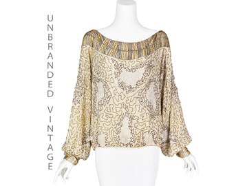 Vintage Ivory Silk Beaded Blouse - Embroidered Batwing Sleeve Party Top - Plus Size XL/1X