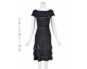 VALENTINO Circa 2005 Black Silk Banded Cocktail Dress with Flounces, S4