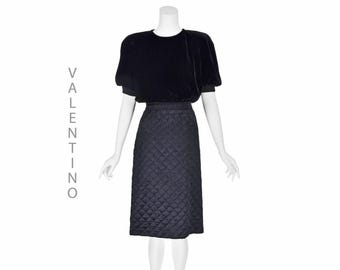 VALENTINO Vintage Black Silk Midi Dress – Velvet Blouson Top, Quilted Skirt, Size 10