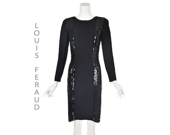 LOUIS FERAUD Vintage Black Silk Crepe Cocktail Dress, Sequined Sides, Raglan Sleeves, Size 6