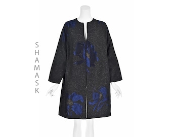 SHAMASK Black Silk Herringbone Tweed Coat w/Blue Jacquard Flowers, Size S/M