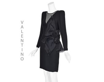 VALENTINO Vintage Black Silk Cocktail Dress w/Giant 3D Silk Flowers SZ 6