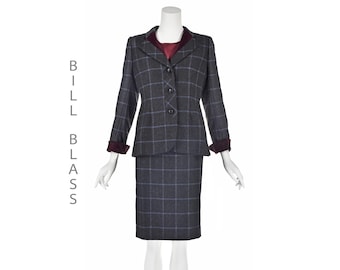 BILL BLASS Vintage Skirt Suit: Charcoal Gray Windowpane Plaid, Burgundy Silk Blouse, Size 8