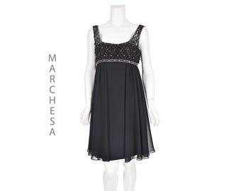 MARCHESA NOTTE Vintage Black Chiffon Party Dress – Empire Waist - Beaded Bodice - SZ 4