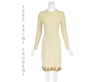 YVES SAINT LAURENT Rive Gauche by Tom Ford Cream Knit Sweater Dress with Gold Hemline, Size M