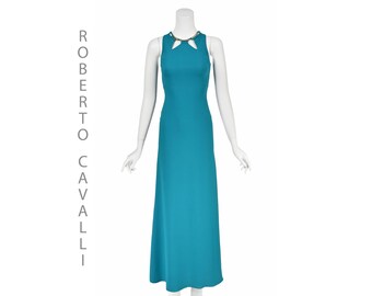 ROBERTO CAVALLI Early 2000s Turquoise Maxi Gown with Cut Outs and Gold Hardware, Y2K