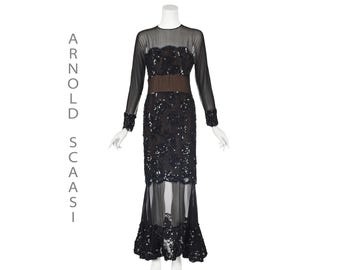 ARNOLD SCAASI Vintage Black Chiffon Sequined Dress - Formal Evening Gown (Size 6-8)