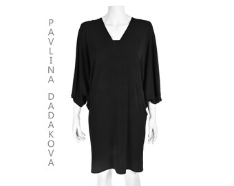 PAVLINA DADAKOVA Vintage Black Jersey Knit Dress – Oversized Fit - Dolman Sleeves (Size 6-10)
