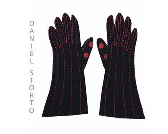 RARE! DANIEL STORTO Vintage Black Suede Gloves, Red Stitching, Hand Made, Size ~6.5