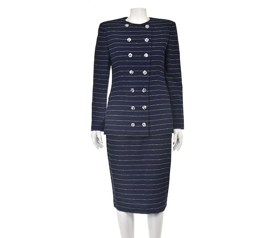 GIANFRANCO FERRE Vintage Navy Wool Crepe with Whi… - image 1