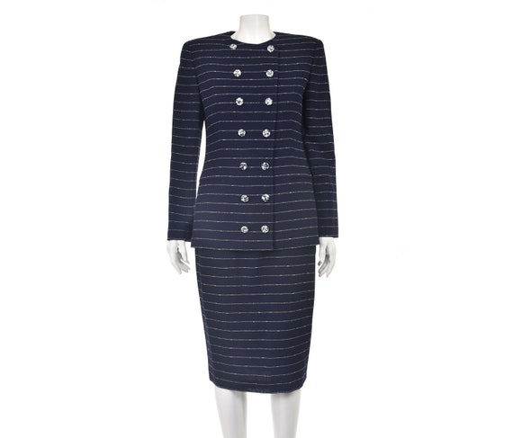 GIANFRANCO FERRE Vintage Navy Wool Crepe with Whi… - image 1