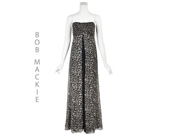 BOB MACKIE Late 1990s Animal Print Formal Strapless Gown with Beaded Bodice SZ 6