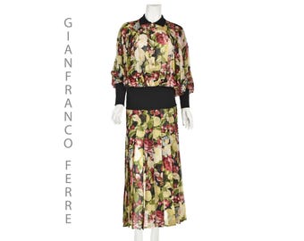GIANFRANCO FERRE Vintage 2-Pc Floral Silk Blouson Top and Pleated Midi Skirt, Size 6