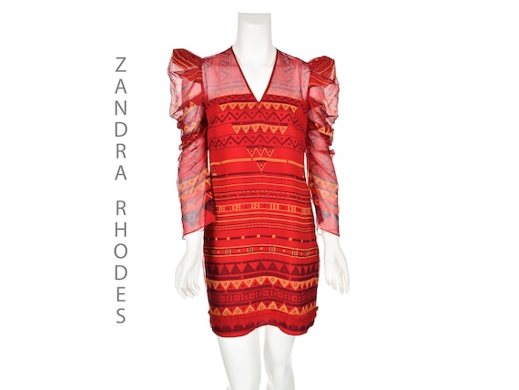 Zandra Rhodes, ZANDRA RHODES Vintage Red Silk Mini Dress, Tribal Print, Sheer Puff Sleeves (Size 4)