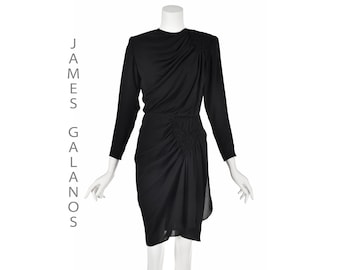 JAMES GALANOS Vintage Black Silk Crepe Cocktail Dress - Ruching and Smocking Details (Size 4-6)