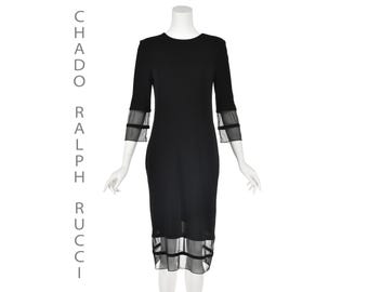 CHADO RALPH RUCCI Black Jersey Knit Midi Dress - Sheer Mesh Hem & Sleeves (Size 6-8)