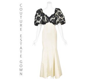 Actress Phyllis Newman Haute Couture Estate Gown, Ivory Satin & Chantilly Lace M