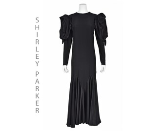 SHIRLEY PARKER LONDON c.1980s Black Silk Evening Gown with Statement Sleeves