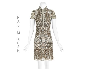 NAEEM KHAN Vintage Brown Silk Mini Dress w/White Embroidery SZ 4