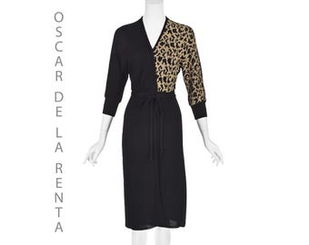 OSCAR de la RENTA Vintage Black Knit Wrap Dress, Leopard Print Top, Size 4