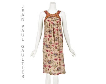 Vintage Jean Paul Gaultier Silk Midi Dress – Floral Print Embroidered Yoke