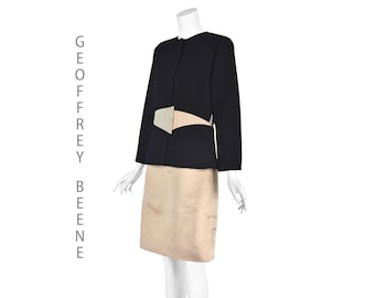 GEOFFREY BEENE Vintage Skirt Suit, Black Wool Jacket, Champagne Silk Skirt, Size 10/12