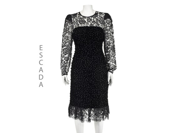 ESCADA Vintage Black Devore Velvet and Lace Cocktail Dress (Size 6-8 Medium)