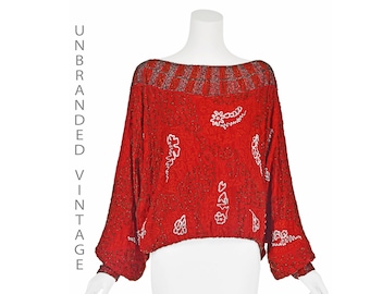 Vintage Red Silk Beaded Blouse - Embroidered Batwing Sleeve Party Top - Plus Size XL/1X