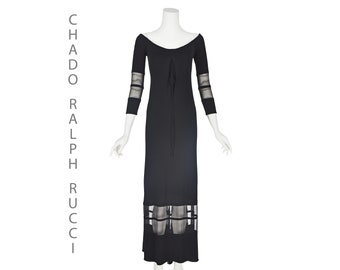 CHADO RALPH RUCCI c.2004 Black Jersey & Sheer Mesh Evening Gown with Godet Train, Size S