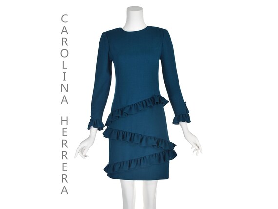 CAROLINA HERRERA Vintage Teal Wool Crepe Sheath Dress - Self-Fabric Diagonal Ruffles (Size XS) CAROLINA HERRERA Vintage Teal Wool Crepe Sheath Dress - Self-Fabric Diagonal Ruffles (Size XS)