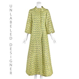 Vintage Full-Length Brocade Evening Coat, Lime Green Silk & Gold Lamè, SZ6-8