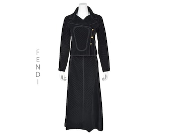 FENDI Karl Lagerfeld 1970s Black Wide-Wale Corduroy Cropped Jacket and Long Midi Skirt Set