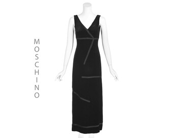 MOSCHINO COUTURE! Black Velvet Evening Gown with Satin Ribbon Trim, SZ 6