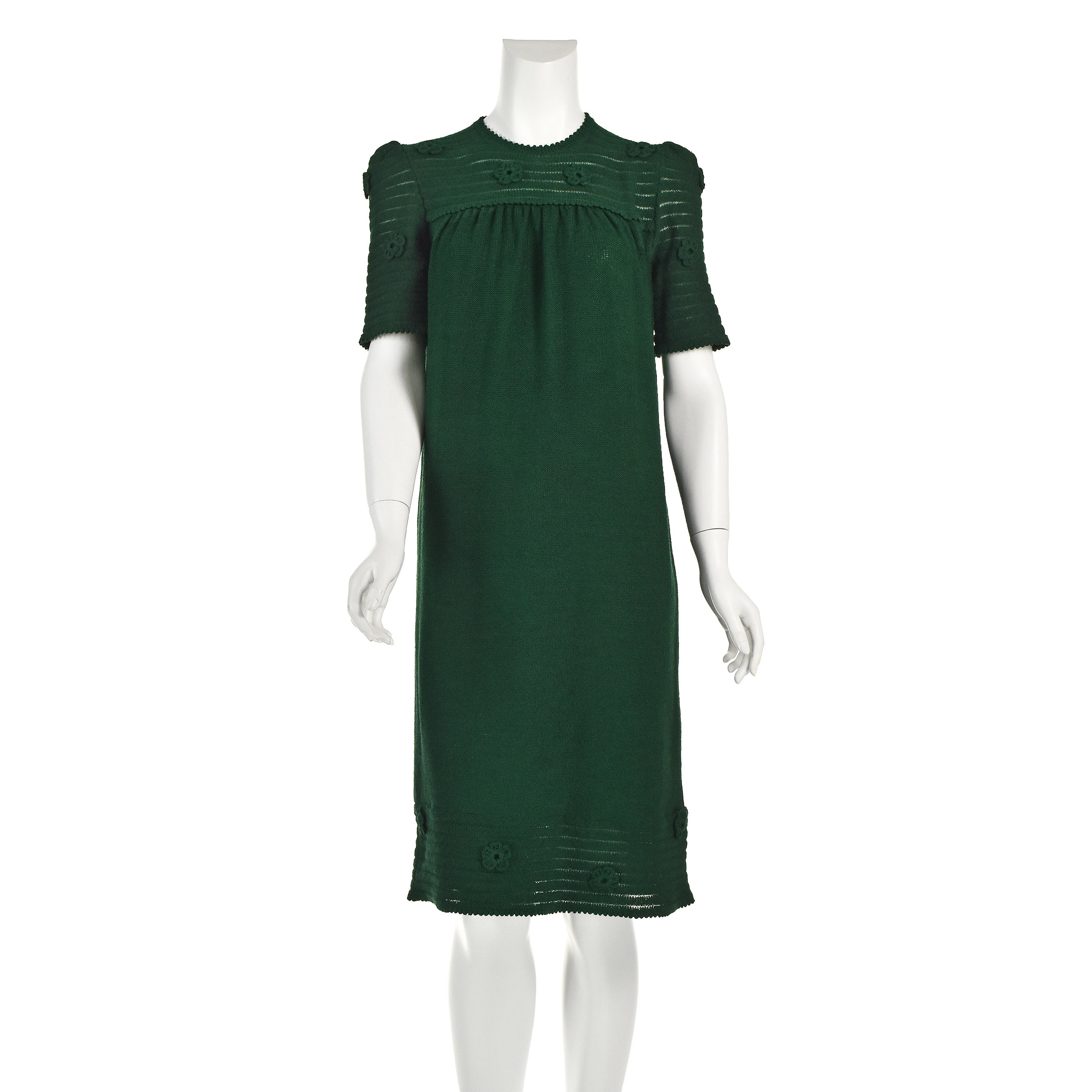 ADOLFO Vintage Green Knit Shift Dress Crocheted Florettes