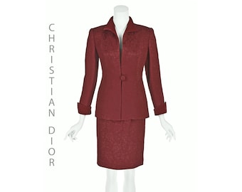 CHRISTIAN DIOR Vintage Burgundy Jacquard Skirt Suit, Velvet Collar & Cuffs, Size 2 Petite
