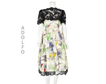 ADOLFO Saks 5th Avenue 1980s Silk Scribble Print & Black Lace 2-Pc Dress, SIZE 8