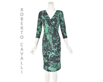 ROBERTO CAVALLI Dark Gray Sheath Dress, Stretchy Knit, Jade Green Print, SIZE IT40 US4-6