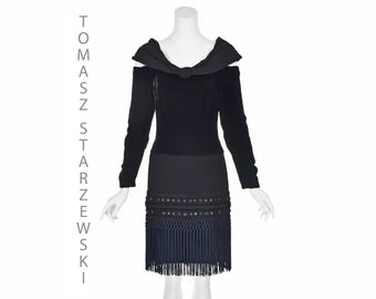 TOMASZ STARZEWSKI Late 1980s Black Velvet Off-Shoulder Fringed Cocktail Dress, SZ Small