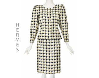 HERMÉS Vintage French Couture Skirt Suit, Gold & Ivory Golf Balls on Navy Silk (Size 8)