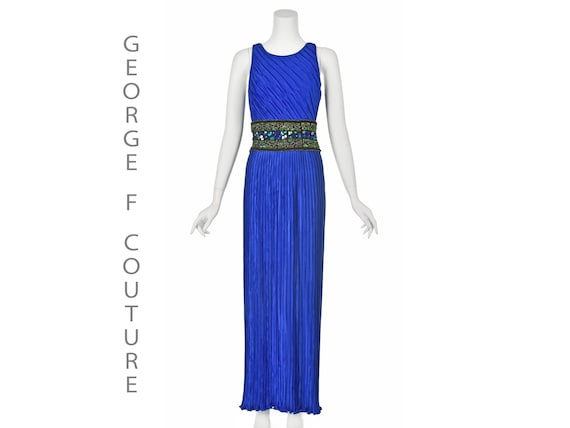 GEORGE F COUTURE Vintage Royal Blue Pliss Evening Gown, Sequined Cummerbund, Size 4-6
