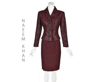 NAEEM KHAN Burgundy and Black Reptile Jacquard Beaded Jacket and Skirt Suit, SZ 2/4