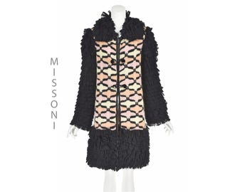MISSONI Rare Vintage 1970s Fringed Wool & Mohair Knit Statement Coat, SZ SM