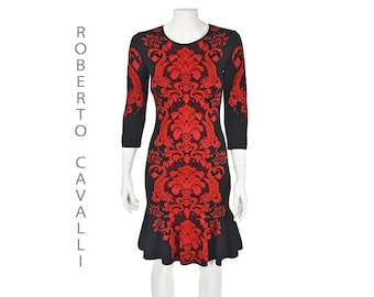 ROBERTO CAVALLI c. 2005 Black & Red Baroque Jacquard Knit Flounce Dress, SZ 4