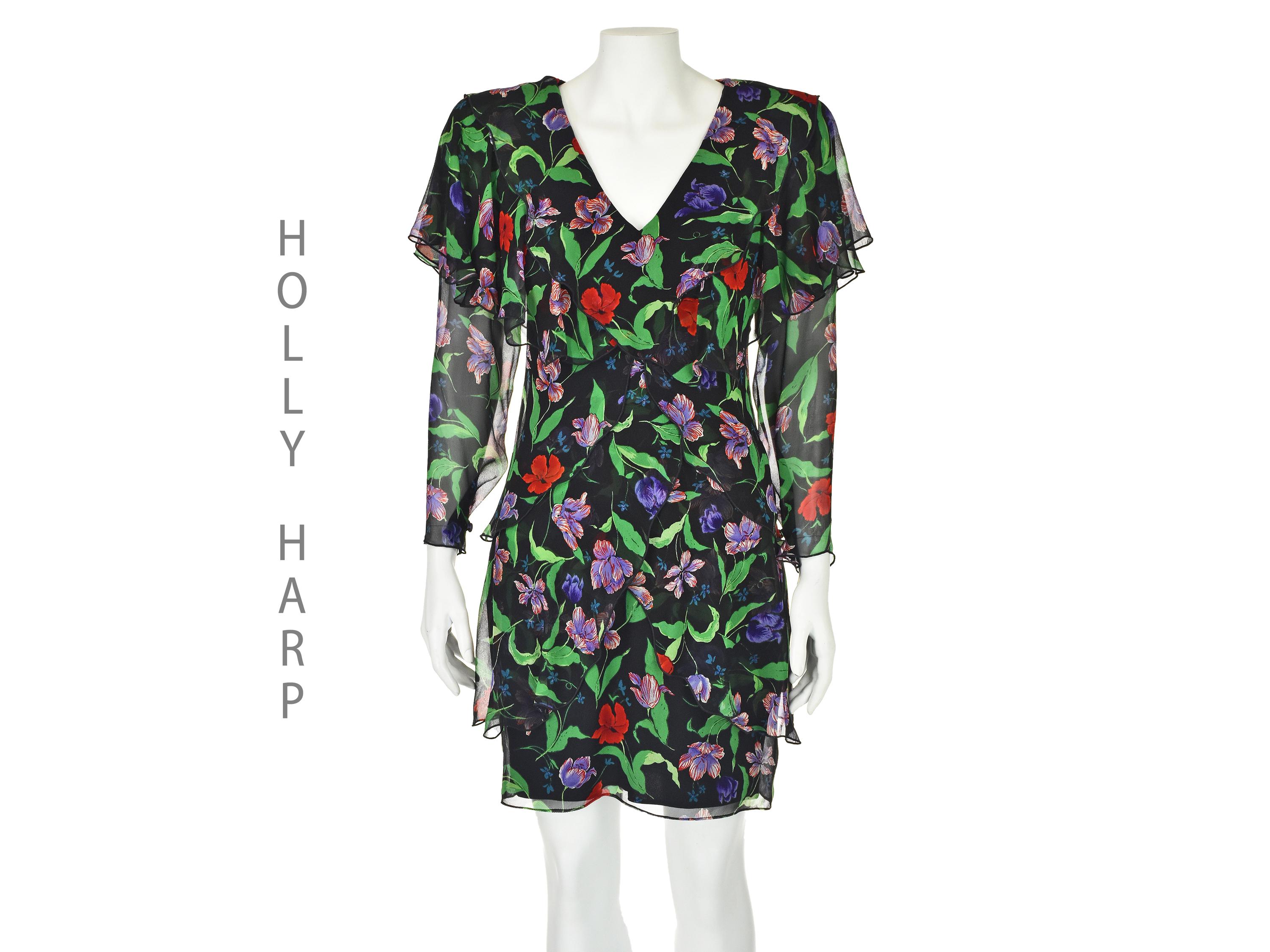 HOLLY HARP Vintage Tiered Black & Floral Silk Chiffon Dress SIZE 2 