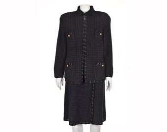 SAKS 5th AVENUE Black Chenille Knit Skirt Suit with Ribbon Trim 14 XL
