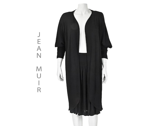 Jean Muir, JEAN MUIR Vintage Black Jersey Knit Skirt Set, Open Jacket, Pleated Skirt, Size 10-12