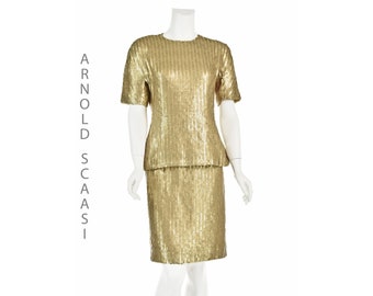 ARNOLD SCAASI Vintage Solid Gold Paillette 2-Piece Cocktail Dress (Size 6/8)