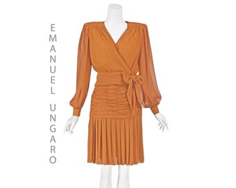EMANUEL UNGARO Vintage Orange Silk Georgette 2-Piece Set, Surplice Top,  Pleated Skirt, Size Small