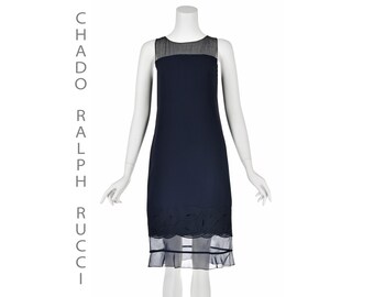 CHADO RALPH RUCCI Navy Sleeveless Dress, Chiffon Yoke, Size Small